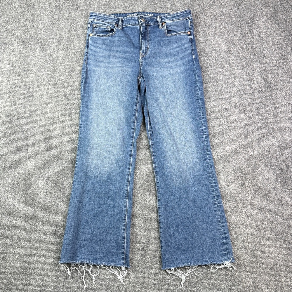 American Eagle Womens Kick Boot Crop Jeans Size 10 High Rise Medium Wash Raw Hem
